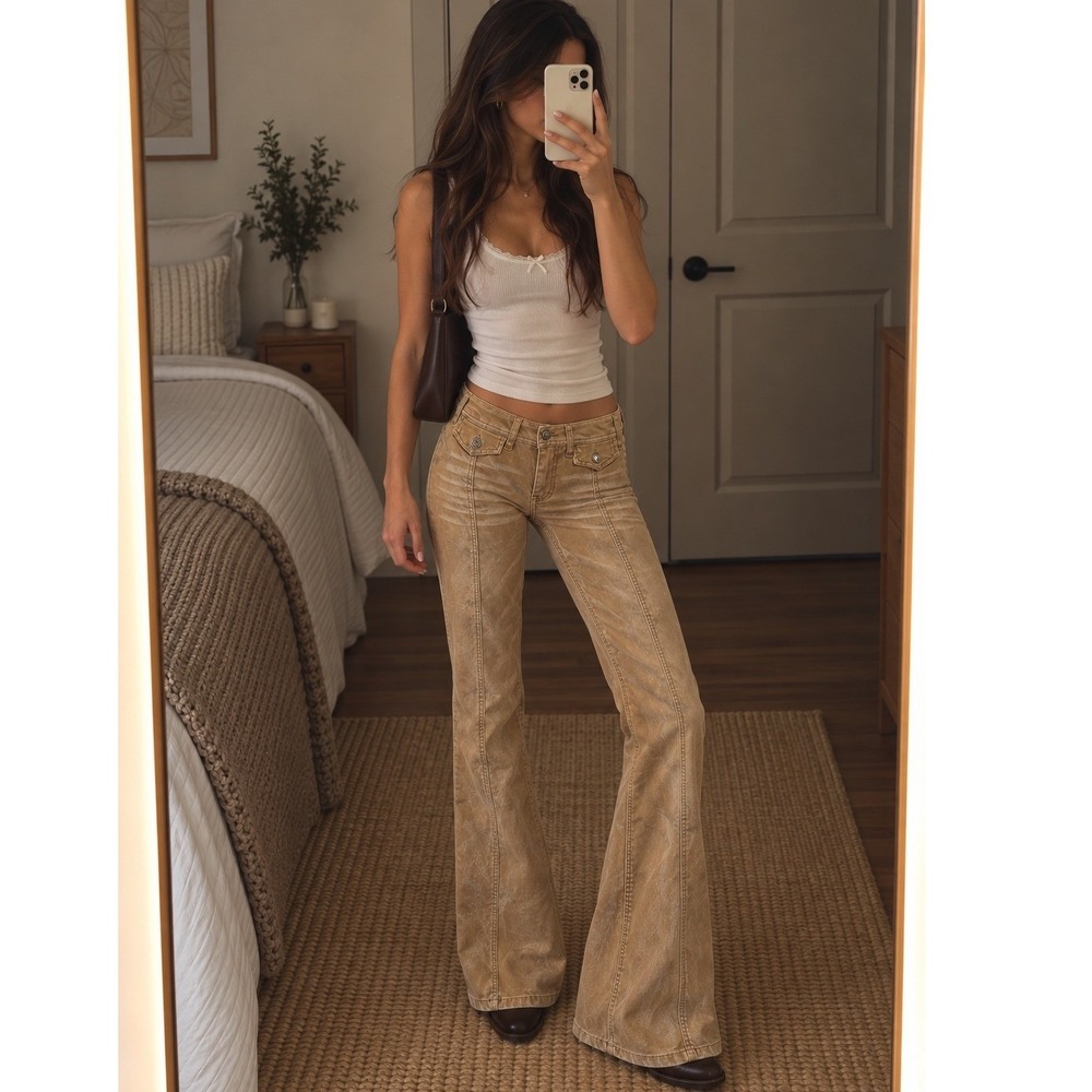 Forever 21 Tan Beige Velour Flare Pants Y2K Low Rise Bell Bottoms Boho XS